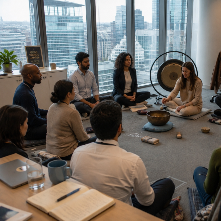 workplace-wellbeing-session-break.jpg A diverse group meditates together in a modern office setting.