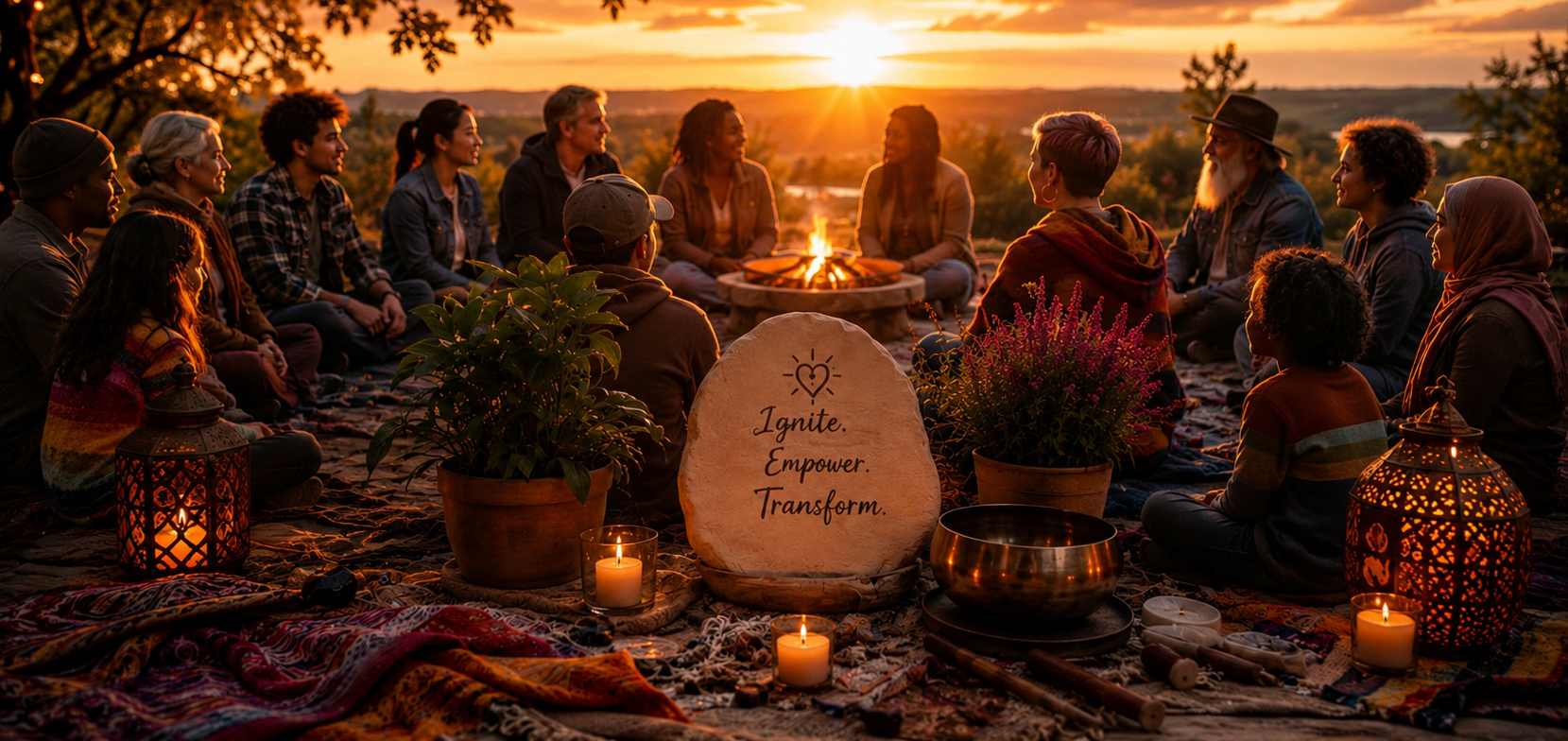 sunset-stone-hearts-community-people Fiery Hearts artwork group of people forming a heart shape with stones at sunset.