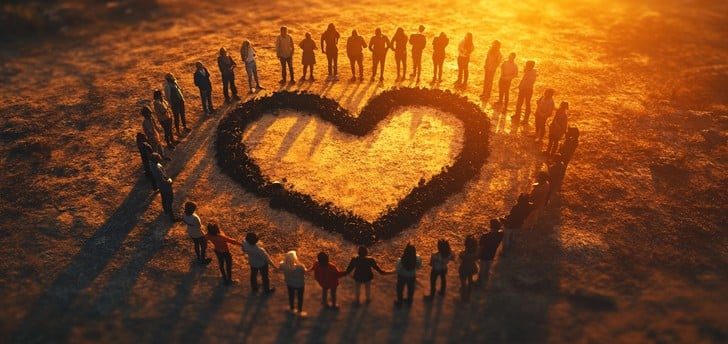 sunset-stone-hearts-community-people Fiery Hearts artwork group of people forming a heart shape with stones at sunset.